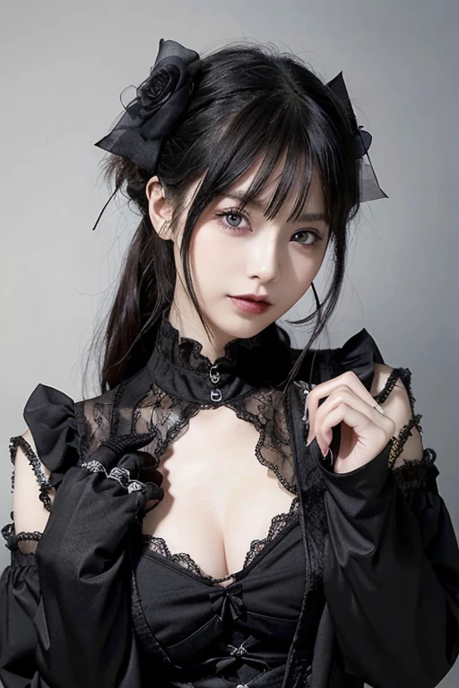 top-quality masterpiece 8K ultra-detailed face One woman wearing colorful Gothic ta Full body photo kawaii pose Sexy Pictures Focus on the face Close-range photography profetional lighting Vibrant photo Happy expression Sullen expression Ecstatic look Sex appeal Shiny wet crow hair Gloss Bruises and cuteness Unreality absurderes Heavy bangs Lots of skin tones Cute