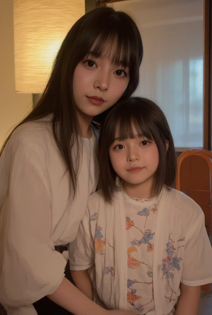 A photo of a woman on a futon in a narrow hotel room。A beautiful, slender mid-teen girl with large eyes, wearing a braless off-shoulder YUKATA, is lying face down, crying while looking straight ahead.、Surrender。A fat man with an excited face hugs her from behind and puts his hands inside her yukata, fondling her breasts.