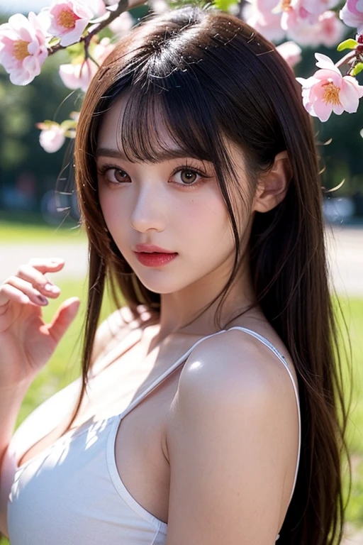 Highest quality、masterpiece、Ultra-high resolution、8k、Portrait、Film Grain、One Girl、Very delicate and beautiful girl、Cute Face、Very detailed、Brown Hair、Gray eyes、No makeup、Black costume、Outdoor、Blurred Background、Blurred background、The background is blurred、Perfect lighting、80mmShooting with a lens、