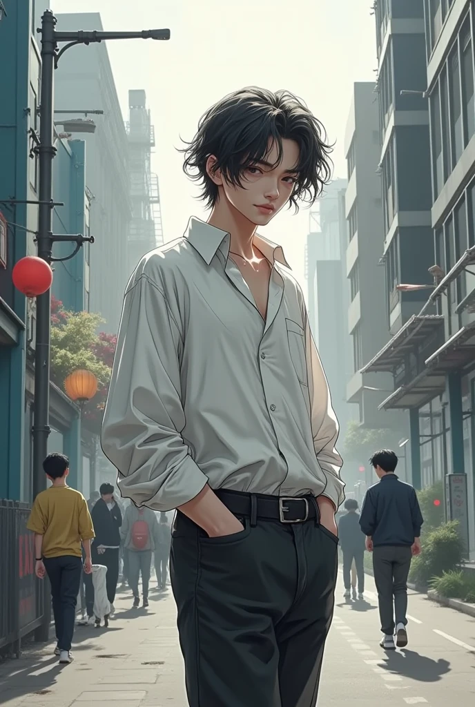 1boy, black hair, blindfolded, wearing all black suits, on top of a building, crying, high res, ultrasharp, 8k, masterpiece, looking at viewer from behind