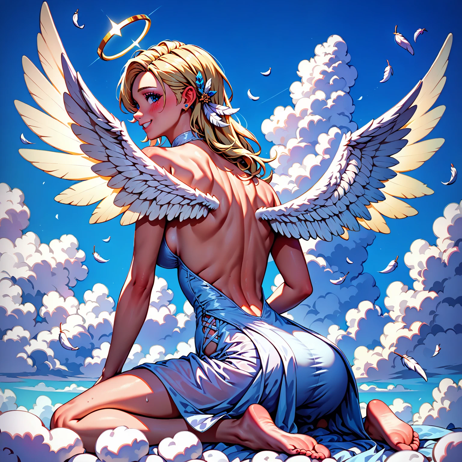 Here's a description of our new angel:

Appearance: Our angel has a tall, slender build with glowing white wings that spread out behind it. Its skin is pale and flawless, with a soft glow that radiates from its body. Its eyes are a stunning shade of gold, and its hair is a cascading waterfall of platinum blonde.

Powers: Our angel has the ability to heal and protect those around it with its celestial powers. It can channel pure light energy to heal wounds and restore lost strength to its allies. It can also create powerful shields to defend against attacks, and can even turn away evil forces with its holy light.

Weaknesses: Our angel is vulnerable to dark magic and corrupting influences. It must be careful to avoid succumbing to temptation or falling from grace.

Personality: Our angel is noble and pure, always striving to do what is right and protect those in need. It is a guardian and a leader, inspiring courage and hope in those around it. However, it also has a stern sense of justice and will not hesitate to use its powers to punish those who are evil.

Would you like to give this angel a name?