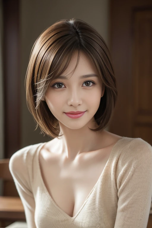 masterpiece, best quality, ultra-detailed, intricately detailed hyperdetailed, realistic, sharp features, highly detailed, sharp focus, 20 years old, perfect face, perfect face, perfect symmetrically perfect eyes, perfect full lips, flexible female form, cinematic, film light, hyper detailed, hyper realistic, high resolution, vibrant, dynamic studio lighting, short hair, straight Bangs, brown Eyes, Impish Smile, cowboy shot,