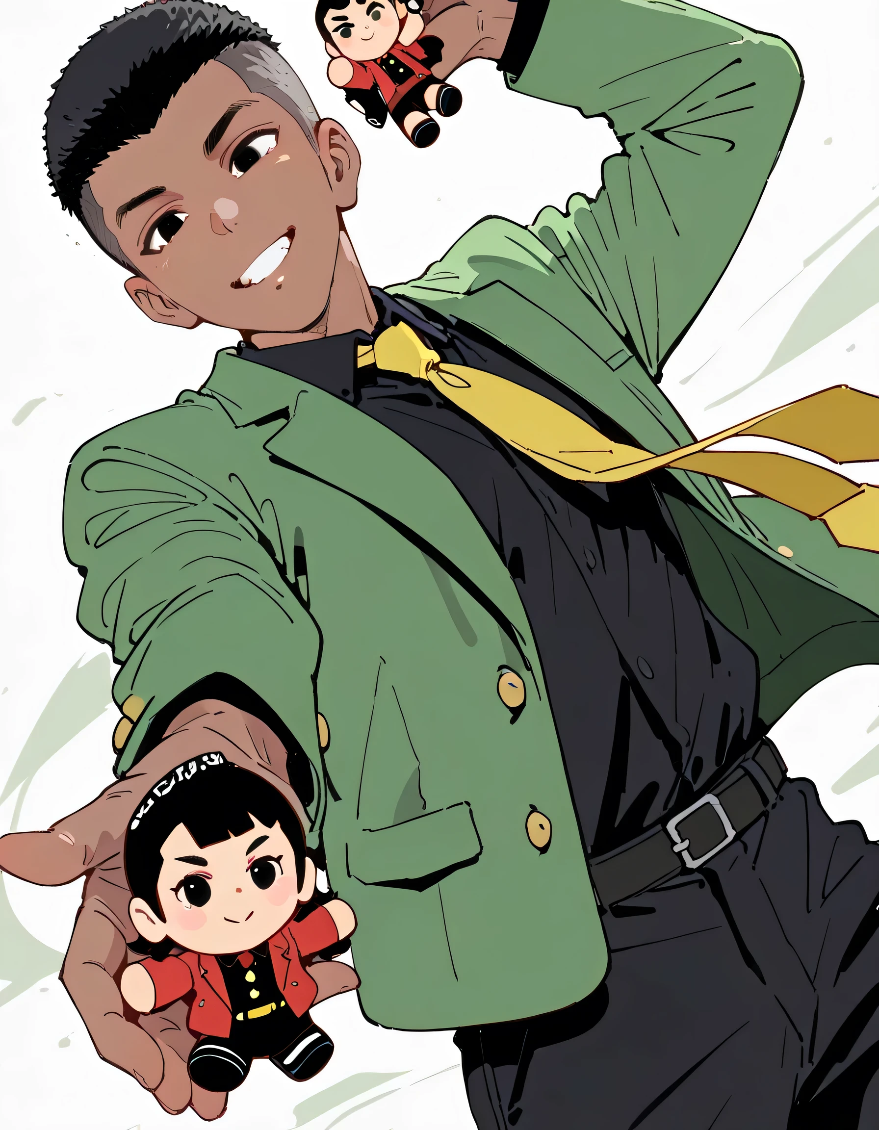 (dynamic angle,dynamic cool model pose),solo,portrait,upperbody,Lupin,1boy,black hair,crew cut,undercut,black eyes,green jacket,black shirt,yellow tie,open jacket,black pants,dark skin,(holding a traditional Japanese bobblehead doll),soft lineart,flat color backgound,memorial shot,grin