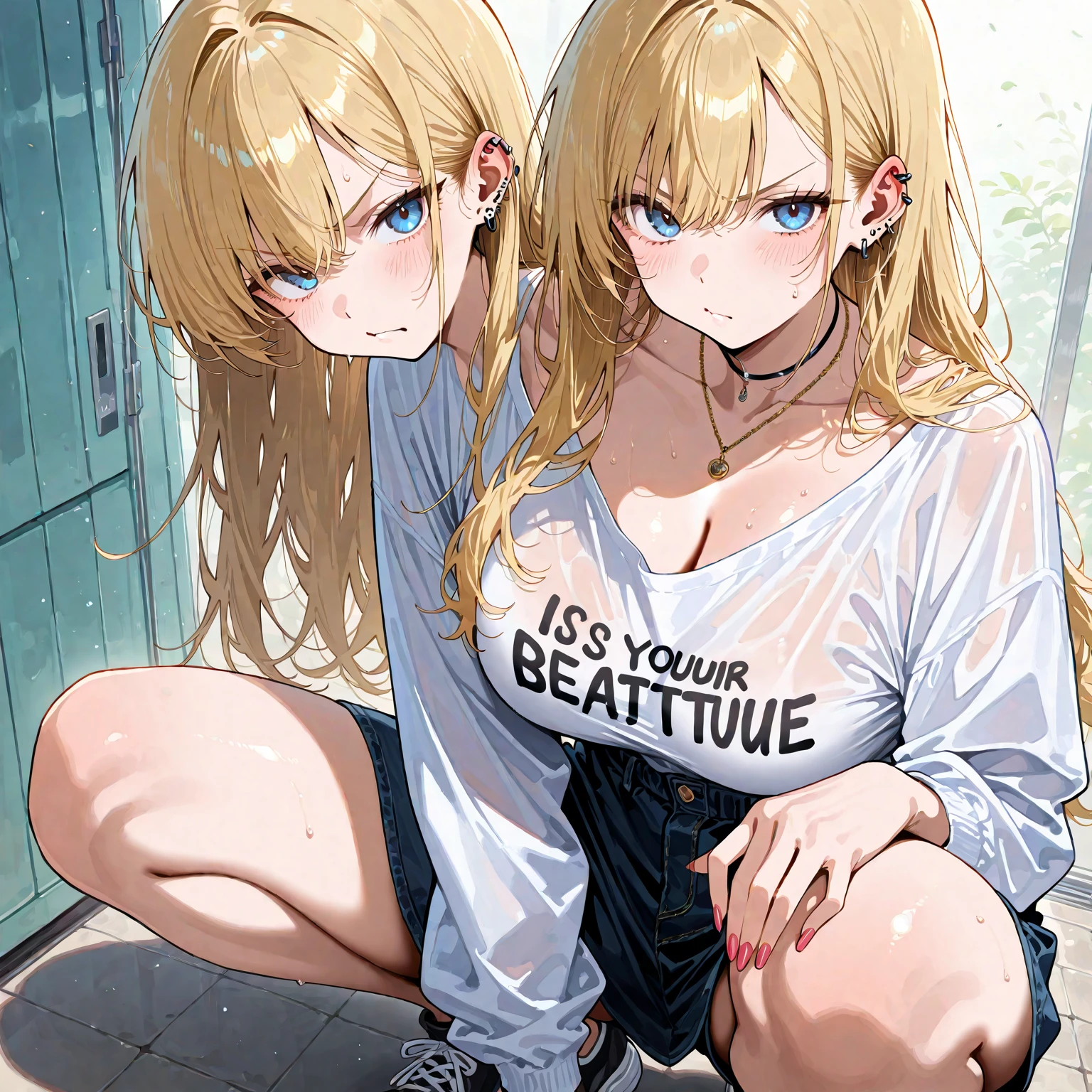 (masterpiece, best quality), best resolution, (2heads:1.5), 1girl, blond hair, green eyes, confused, shrugging, pink novelty t-shirt, blue short pants