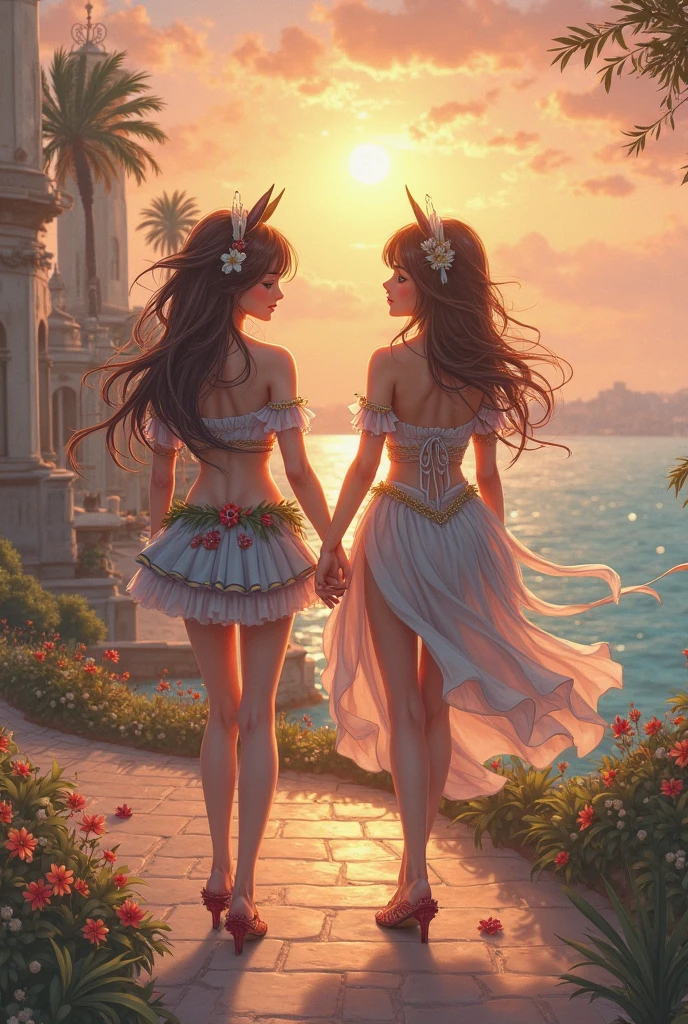 french woman, at thirty years old, with purple hair, and green eyes, wearing sexy transparent lingerie in white and black colors, with a mischievous look , walking along a deserted beach hand in hand with a short-haired Japanese woman, a pink heart, wearing red transparent silk lingerie , both with very wet bodies.