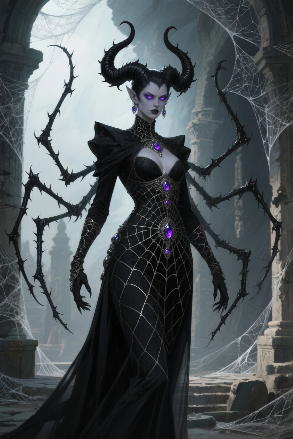 A spider woman with four arms, several cartoon-style eyes and fangs with dark purple skin tones and elegant clothing, several spiders around him 