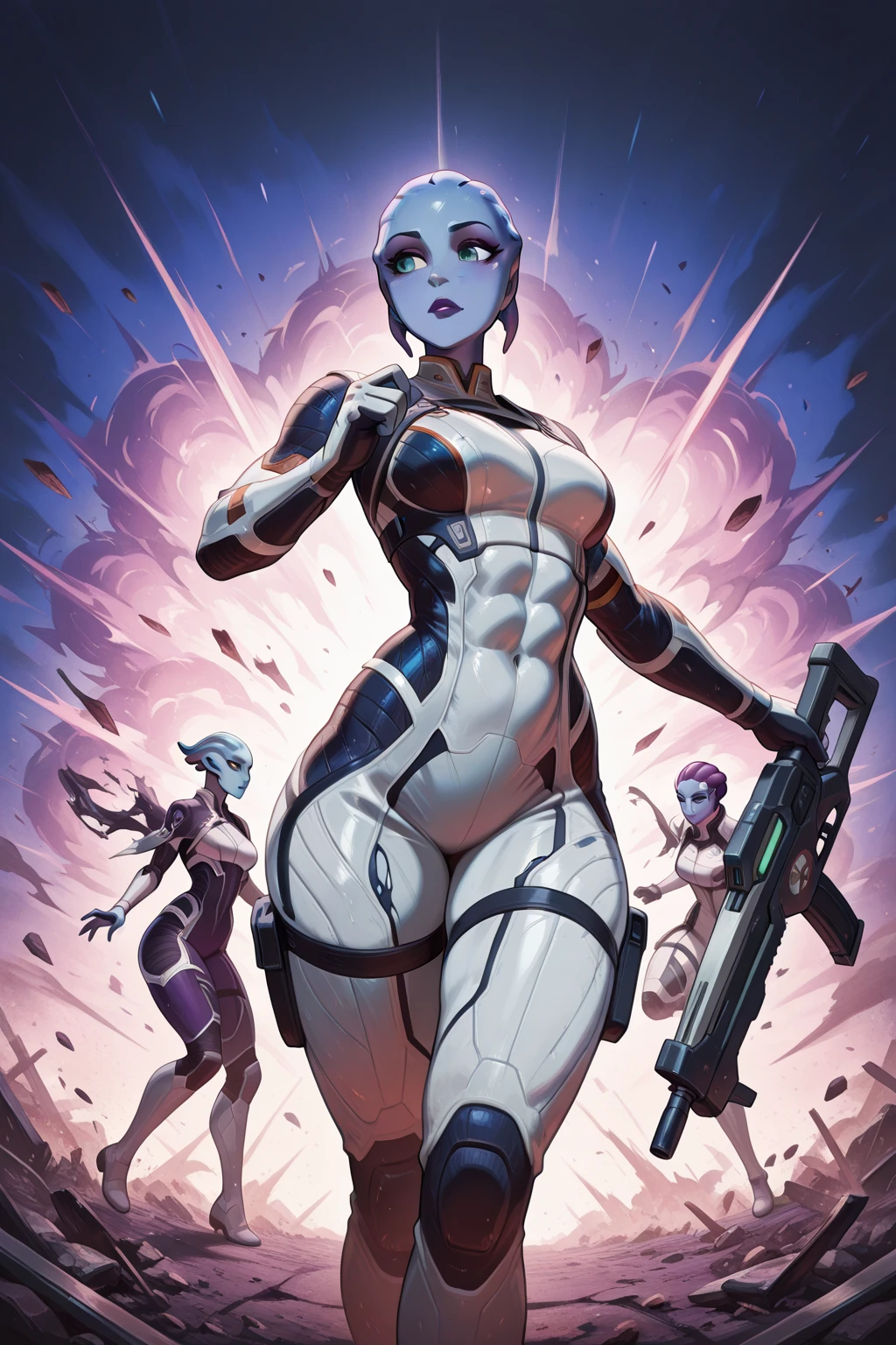A beautiful, exuberant and young cybernetic android warrior with black African and oriental Japanese and Chinese features, clone of the Greek goddess Athena, with giant breasts, transformed into a super sensual and extremely muscular astronaut, fitness, fit bodybuilder and weightlifter, wearing very short, purple and very curly hair in locks, wearing cyberpunk battle clothes, exploring a mysterious planet in a sci-fi environment, fighting on a space battlefield on a planet at war against an army of robots and holograms