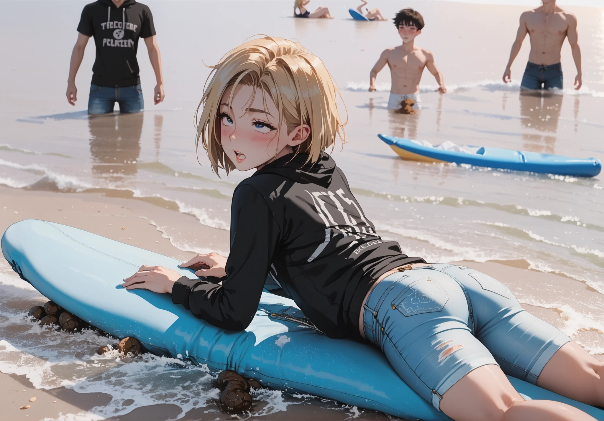 score_9, score_8_up, score_7_up, best quality, on the beach Slim sporty boy 1boy, wearing hoodie, 1boy, (is lying, Legs lowered :1.1), ((( Poop ,)), internal, 1boy, blonde hair, (short bob, crew cut,),, wide shoulder ,thin waist, wide hips, break, (a pair of light blue skin tight leggings jeans:1.8), (((jeans hole Poop ,, with poop))), . A hard piece of excrement protrudes from a small hole ween the back pockets of his jeans. , ,,blush,