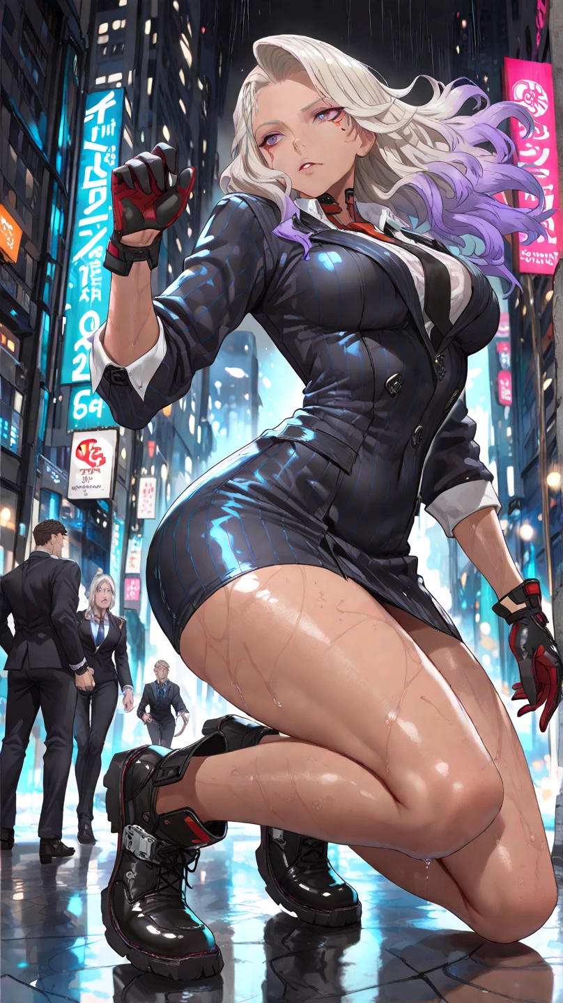 1 girl, by white, wide, tech clothing masterpiece, Best Quality, realist, realism, dark purple jacket, portrait, detailed eyes, using headphones, platinum hair, 21 year old girl, fashion pose, Half body, wide shot, on the street, cyberpunk