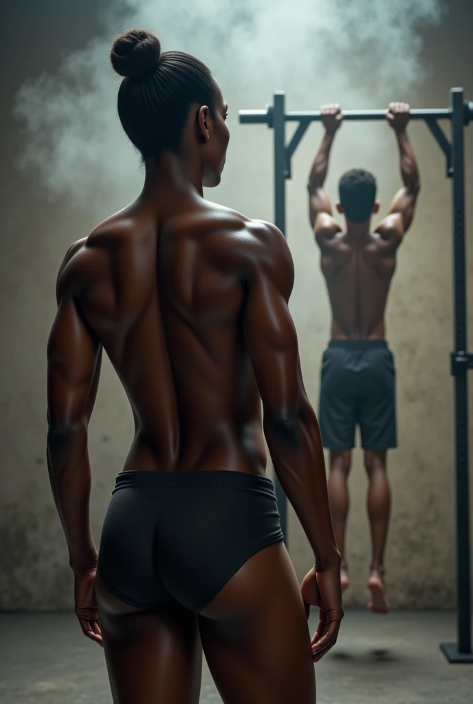 Tall, muscular, aesthetic black man with a large male reproductive system. And next to him a small, thin white man admiring his pectorals