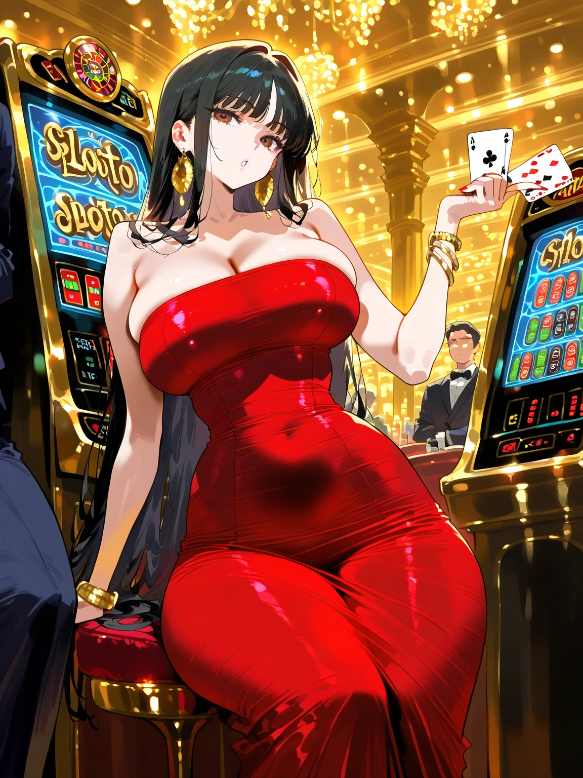 Adult female, busty, hourglass figure, sexy red dress, messy and long black hair, golden yellow irises, defined black pupils, passionate, seductive, casino, poker table, holding cards, sitting in a chair at a poker table, well defined, perfect definition, high quality, perfect eyes, perfect hands, crowded casino