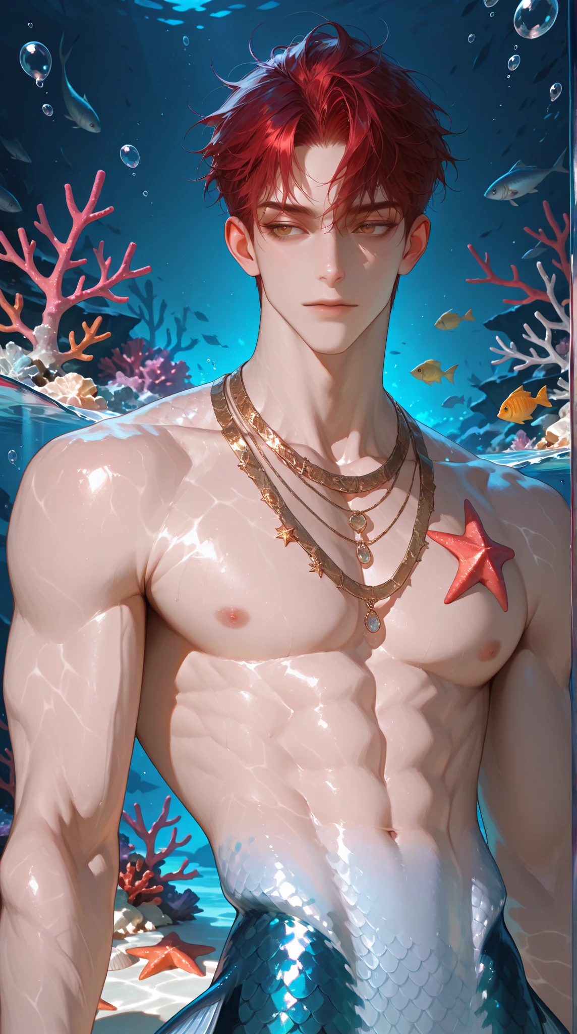1 male, high resolution 8k, adult, handsome, perfect face detail, detailed eyes and face, clean shaved, sixpack realistic, white eyebrow hair, white eyelashes, dynamic lighting, unreal engine, hd picture, satoru gojo, Jujutsu kaisen, white hair, short hair ,hair between eyes ,blue eyes, white skin, round buoy, water details, chain necklace