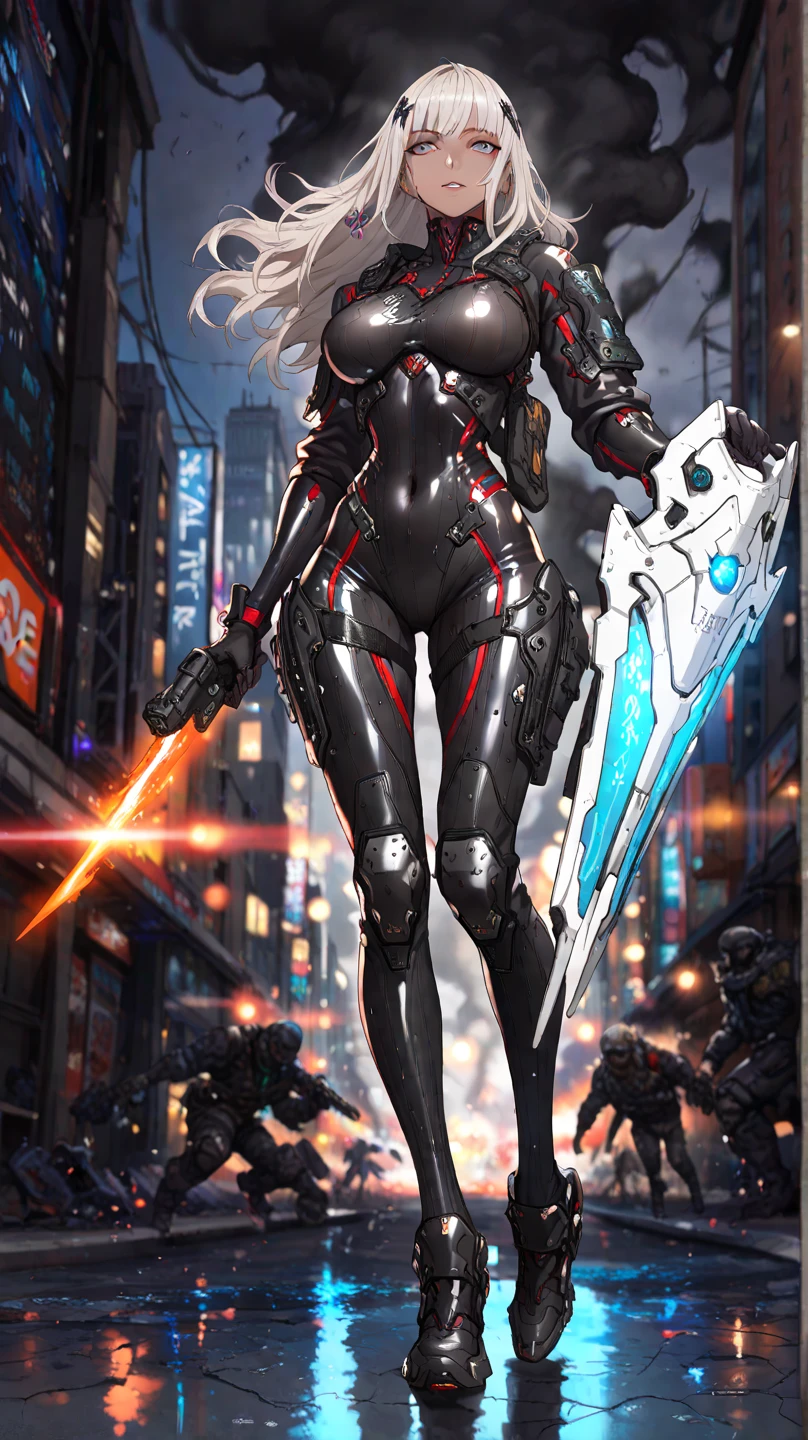 (Realistic: 1.2), masutepiece, Best Quality, ultra-detailliert, very detailed illustration, Very detailed, intricate detailes, High resolution, Super Intricate Details,Thick details,super detailing,8K,32K,(neons),1girl in, (Full metal body,Fully machine-made armor,Fiber optic body: 1.2), (Realistic metallic glow,metallic silver body), cowboy lens, Caustics, Reflectors,Metal Heroine Theme, Silver and red body,Metallic Red Body,nebulas, Network Effects, (1girl in: 1.4), Solo, ((Mechanical face guard,Mechanical parts, Single robot arm))), Complex mechanical tights, mecha corset, Heavy Full Armor, ((Holding a large gun in your hand)),Detailed eyes, Detailed red iris, Random expressions, Random movement,Random posture,Futuristic skyscrapers, Ponds, Starry sky, sky line, ((long hair flowing with the wind, High Up Ponytail,slender abdomen,Colossal tits:1.9,,,, ,Colossal tits:1.9,,,, ,perfectly proportions,Sensual body lines,Sexy proportions,Overhanging udder)),dynamicposes,dynamic ungle,城市,nighttime scene,natta,glowing sword in hand、With a big gun,cloak flittering in the wind,best ratio four finger and one thumb