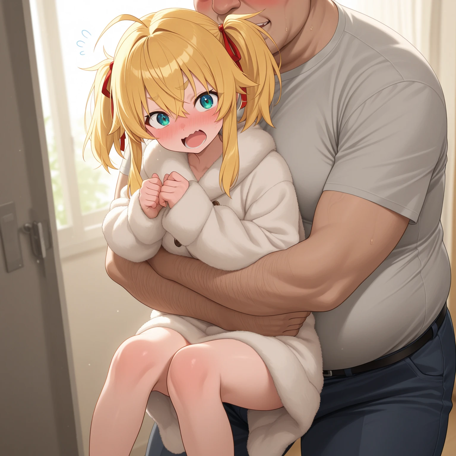 score_9,score_8_up,score_7_up, source_anime, a young girls, naked, about 14 years old, naked, thick thighs, one girl getting fucked by ugly man, doggystyle sex, rough sex, screaming, two girls in the background scared