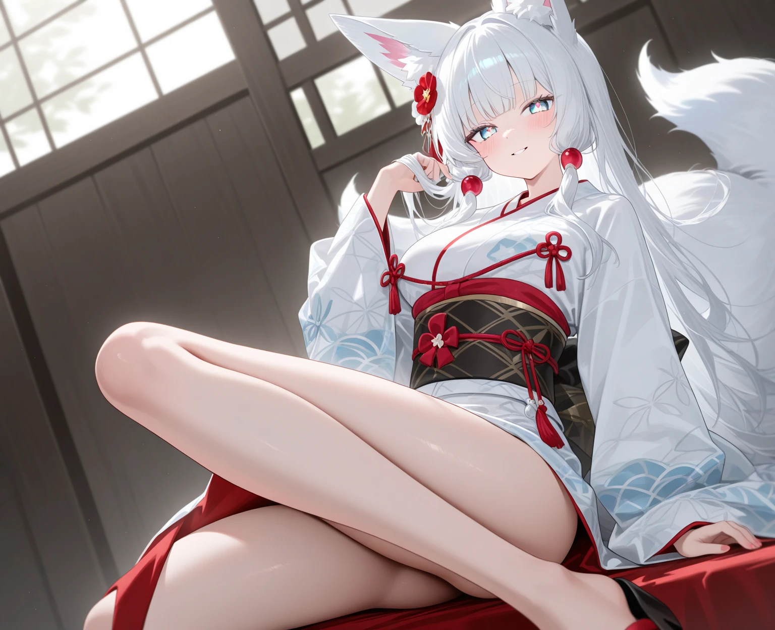 big breasts,Wearing maid outfit,blush, surprise,look at me,red pupils,Lace tights,beautiful hair、 beautiful eyes、 beautiful skin、beautiful legs、beautiful arms、perfect fingers、 very cute,white hair, long hair,white cat ears, white cat tail,best quality,high resolution,top quality、 looking at the audience,sitting,kneeling&Place on the bed,Knees together,internal figure eight,pink bows,slender eyebrows,hair slightly moist,On a very large white bed, white pillows,perfect waist,Skirt has cutouts at the end,Pouting,The clothes are a little wet,,very young,18 years old,shy smile,Long messy white hair tied up,tempting pose,chiaroscuro,bare shoulders,Naked room,slit sleeves,There are a few drops of water on the breast,bare legs,barefoot,Ray tracing,disdainful expression,Lift up the skirt a little,Beautiful girl alone,The breasts are mostly bare,There is a black tie around his neck