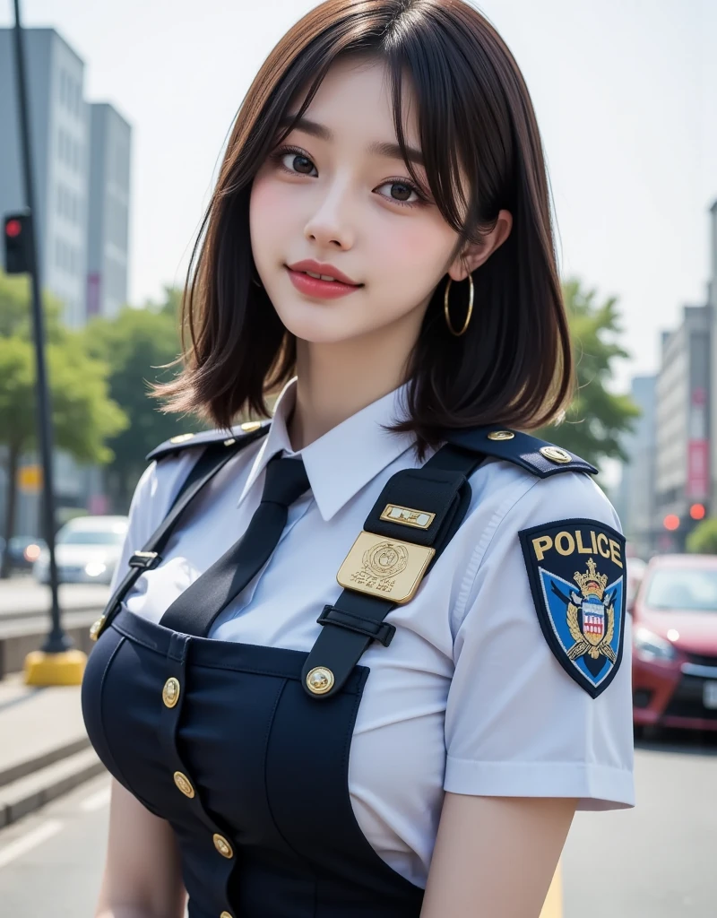 Black Hair, Police Costume, Black Hair, Falter, Round eyes, best qualityBlack Hair, 18-year-old, Slim and busty body, Bobcut, Aqua Eye, Brush Sticker, Grin, Smiling with teeth showing, whole body, Sister's Girl, Round face, Cheeks are slightly puffy, Eyebrows downwards, Lightly reddish, double eyelid, Look at the viewers, Affectionate Cute, pretty girl, Surreal school girl, Look at the viewers, Hina's Hymn, crowd of customers, Tokyo, little star earrings, Vivid eyes, Bustling background, Lips parted, Tokyo, A bustling shopping street, Female police officer, Night Bar , Light blue long skirt , Surrealism, tachi-e, throw, Atmospheric perspective, Depth of written boundary, Nikon, 8k, Super Detail, Accurate, masterpiece, Attention to detail, Anatomically correct, Awards、((Sexual seduction pose:1.5))、((Panties:1.5))、