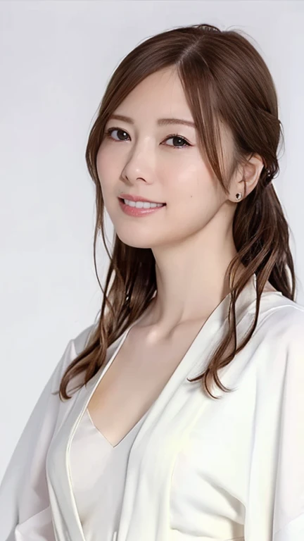 ((highest quality)), ((masterpiece)), (detailed), Beautiful Face、woman、43 years old、Supermodel body type、、Hands tied:3、Hanging、Looking into the camera, (((A man&#39;s white dress shirt is worn over his bare skin.))), The skin is transparent、、Shapely round breasts, detailedな肌の質感,Full body photo、Long hair with large waves tied in a ponytail、Sportswear