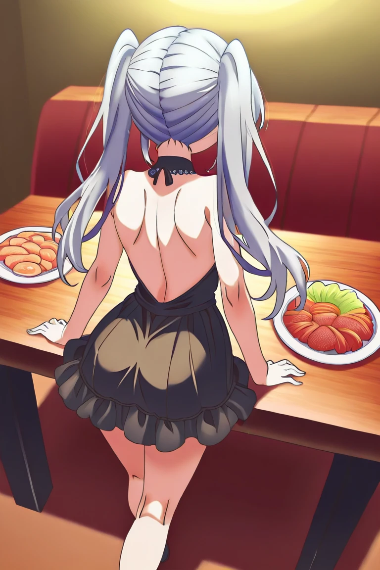 Young girl with pink hair, long twintail hairstyle, ((small bushy eyebrows)), wearing lolita dress, lolicon (Zankuro) drawing style by zankuro artist, Zancrow style, image uploaded in R34, in the mall, flirty smile , suddenly having sex in public, ((doggy style sex)), ((public sex in a restaurant)) naked ass in the male crotch, perfect anatomy, young boy fucking her