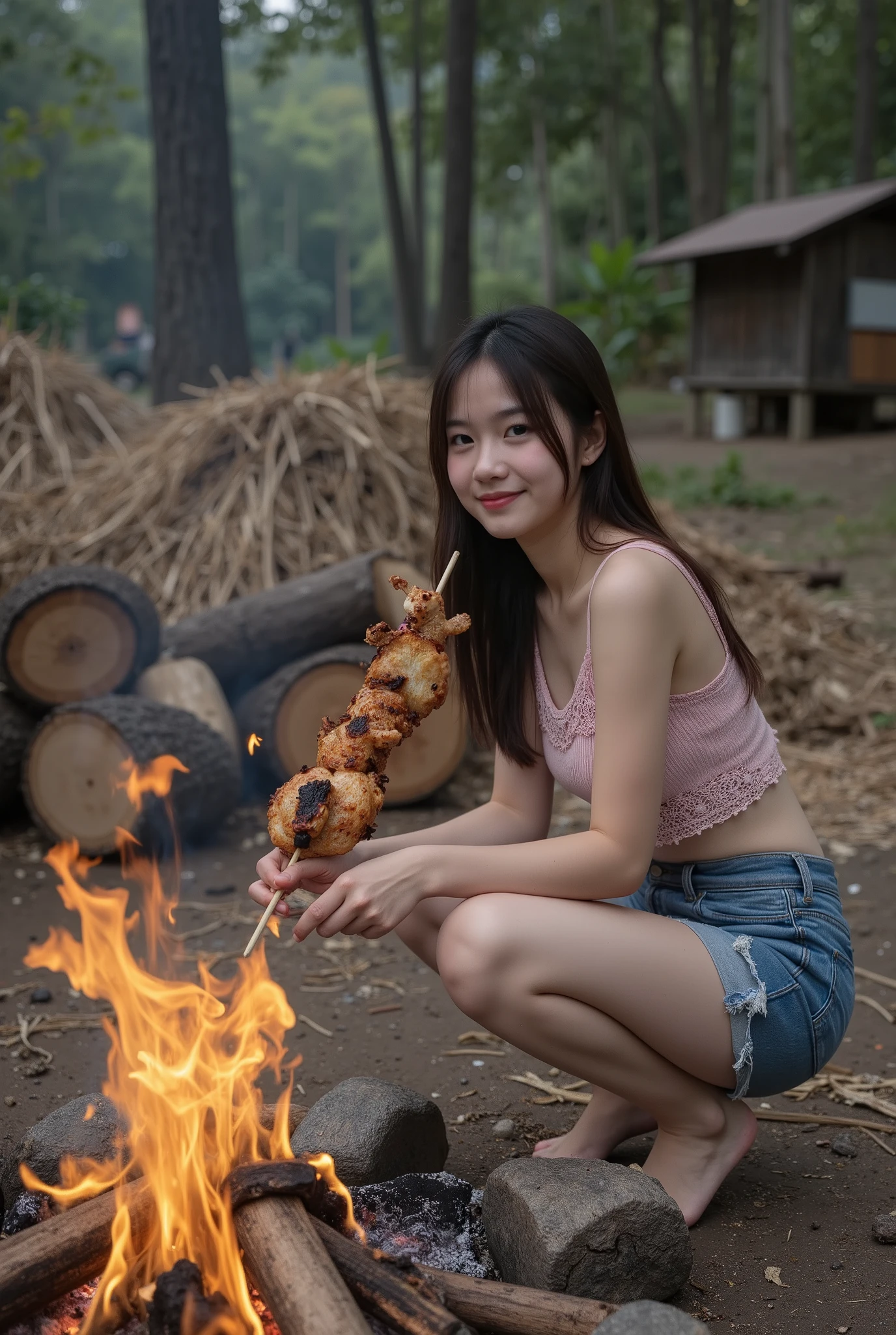 Full image of the most beautiful Asian girl seen from behind, squatting near a huge bonfire. She holds a bamboo skewer with a whole grilled chicken over an open flame that floats up under a skewer. She wears a light pink crop top, lace and ripped denim shorts, her dark brown long hair. Falling back naturally, her posture is still and balanced in the traditional squatting position, concentrating as she glances slightly at the camera, smiling at the lights cracking and emitting sparkles. Shot on a professional DSLR camera in ultra-high definition, using natural light, warm tones from the light, shallow range. (Sharp objects Slightly blurred background) THE BACKGROUND SHOWS A RUSTIC OUTDOOR ENVIRONMENT WITH SCATTERED LOGS, LARGE HEAPS OF STRAW, DRY GR AND FOREST IN THE DISTANCE. THIS PICTURE GIVES A SENSE OF PEACEFUL, SURVIVING AND RATIONAL ATMOSPHERE.
Keywords: Full Ultra-HD Images Rear View Asian Women Bamboo Skewers Cooking on Fire Squatting Posture Fire Lighting Rustic Atmosphere Artistic Portrait Emotional Realism Natural Color Scene Cooking in the Jungle