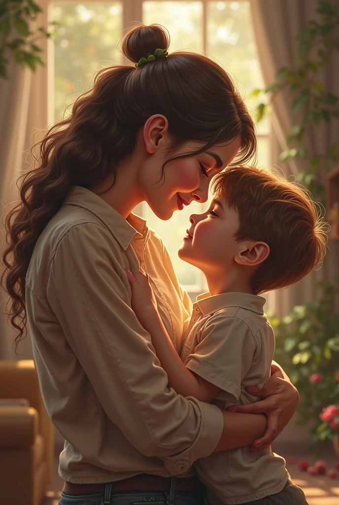 Small boy kissing and adult girl