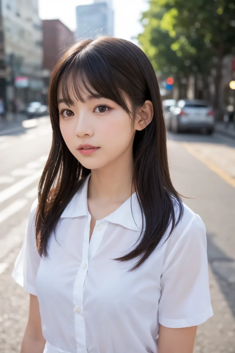 pureerosface_v1:0.3, best quality, photorealistic, 8k, high res, full color, 1girl, woman, 20 years old woman, (closed mouth:1.73), (skindentation), (portrait:0.6), trees, park bench, daylight, ((park background:1.52)), full color, ((buttonedwhiteshirt:1.78)), looking at viewer:1.8, (1girl eyes looking at viewer:1.55), (long hair, brownhair, partedhair:1.45), (bokeh), <lora:AAG-yamada:0.65>