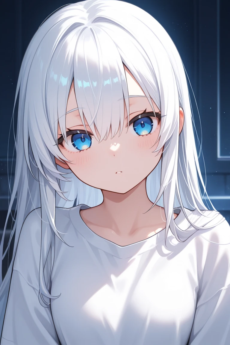 1 girl, Cute, Small, silver hair, blue eyes long eyelashes, whole body, alert posture, An indifferent expression on his face, worried look, in a simple long T-shirt on a naked body, get up, Nighty night, the forest, tent, темный the forest, Dim lighting, faded tones..