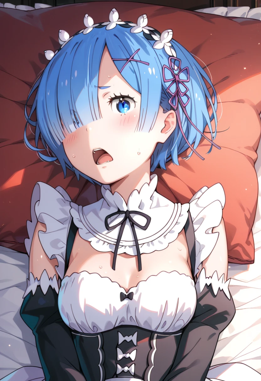 (masterpiece:1.2), hyper detail, best quality, (intricate_details:1.1), beautiful detailed, beautiful hair,short cut hair, solo, 1girl,Rem,(sweating:1.2),(steam:1.4),heavy breathing,steam,blush,from above,shoulder,((maid)),cleavage,dark,backlighting, shoulder focus,breasts focus,greasy breasts,breasts focus, shoulder focus,pov,upper body,lying on bed,armpit,BREAK (男に後ろから抱きしめられる女:1.4),open mouth,cum on breasts,kiss