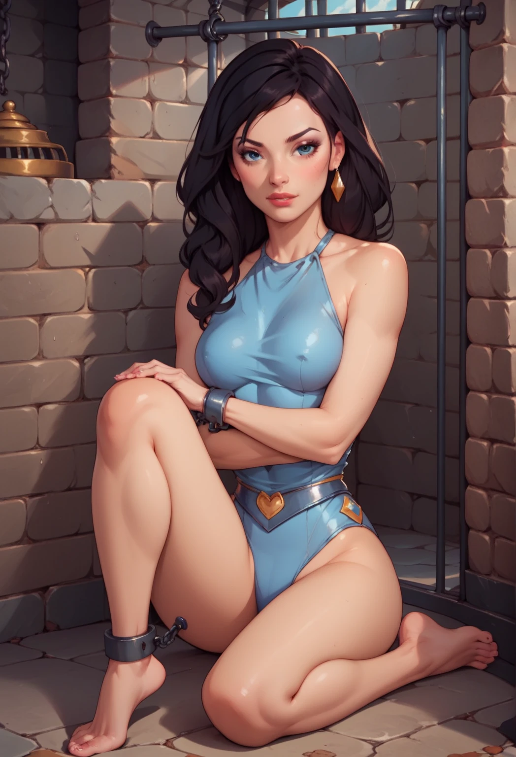 (SFW)Arte similar Jonh Buscema,1garota,cabelo longo encaracolado ruivo, sardas no rosto,, olhos castanhos claros, menina brejeira, super-realista, middlebreasts, Jumpsuit with silver buckle, usando botas, olhar sapeca, sexy, 4K分辨率, Lotes Cameltoe , muito camelo, sentido garota encrenqueira, pelos ruivos, segurando uma vara de pesca, Fishing on a river pier.