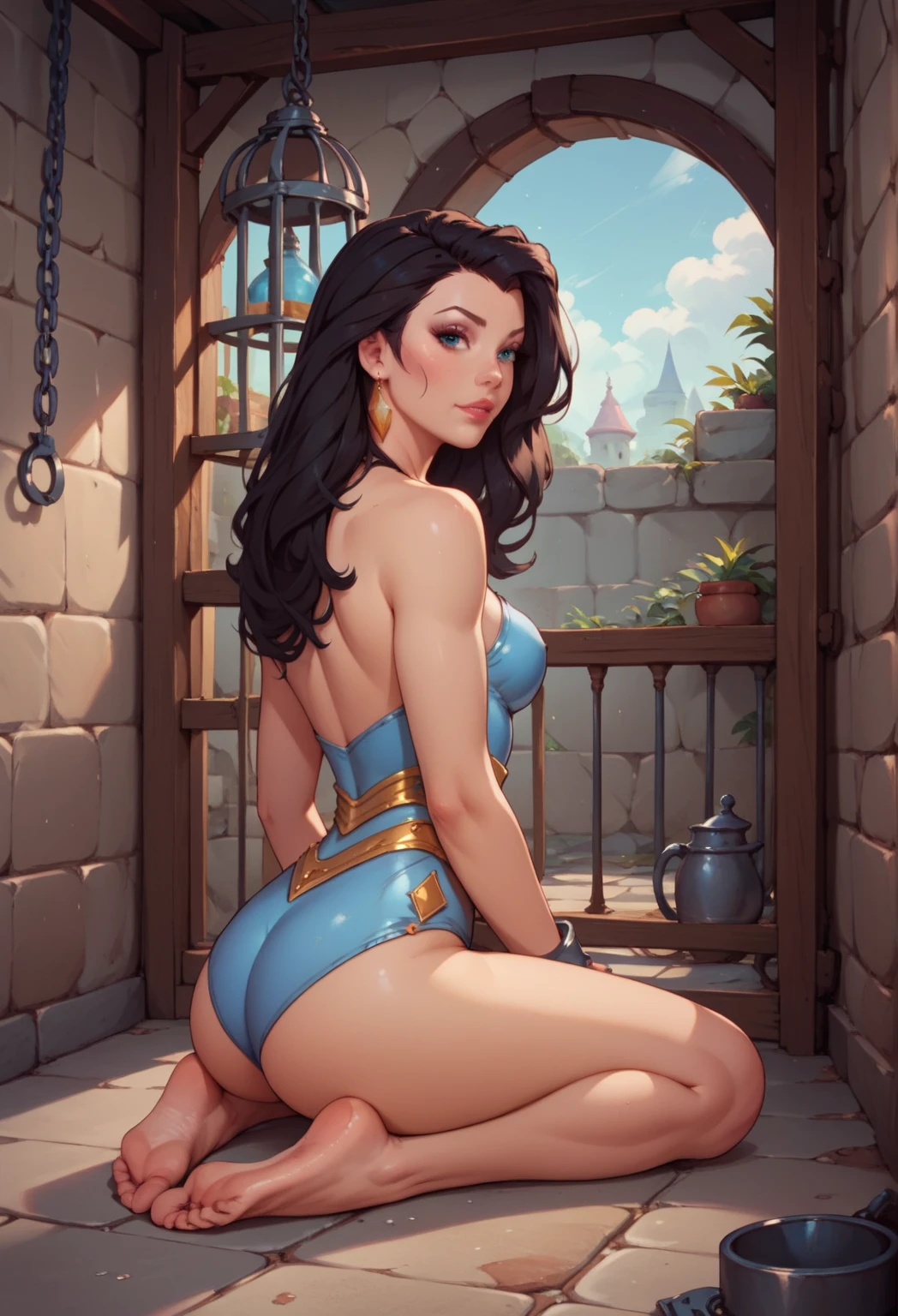 NSFW (nude) (Margery Tyrell, medium breasts, puffy nipples, strip of pubic hair) in an ancient castle