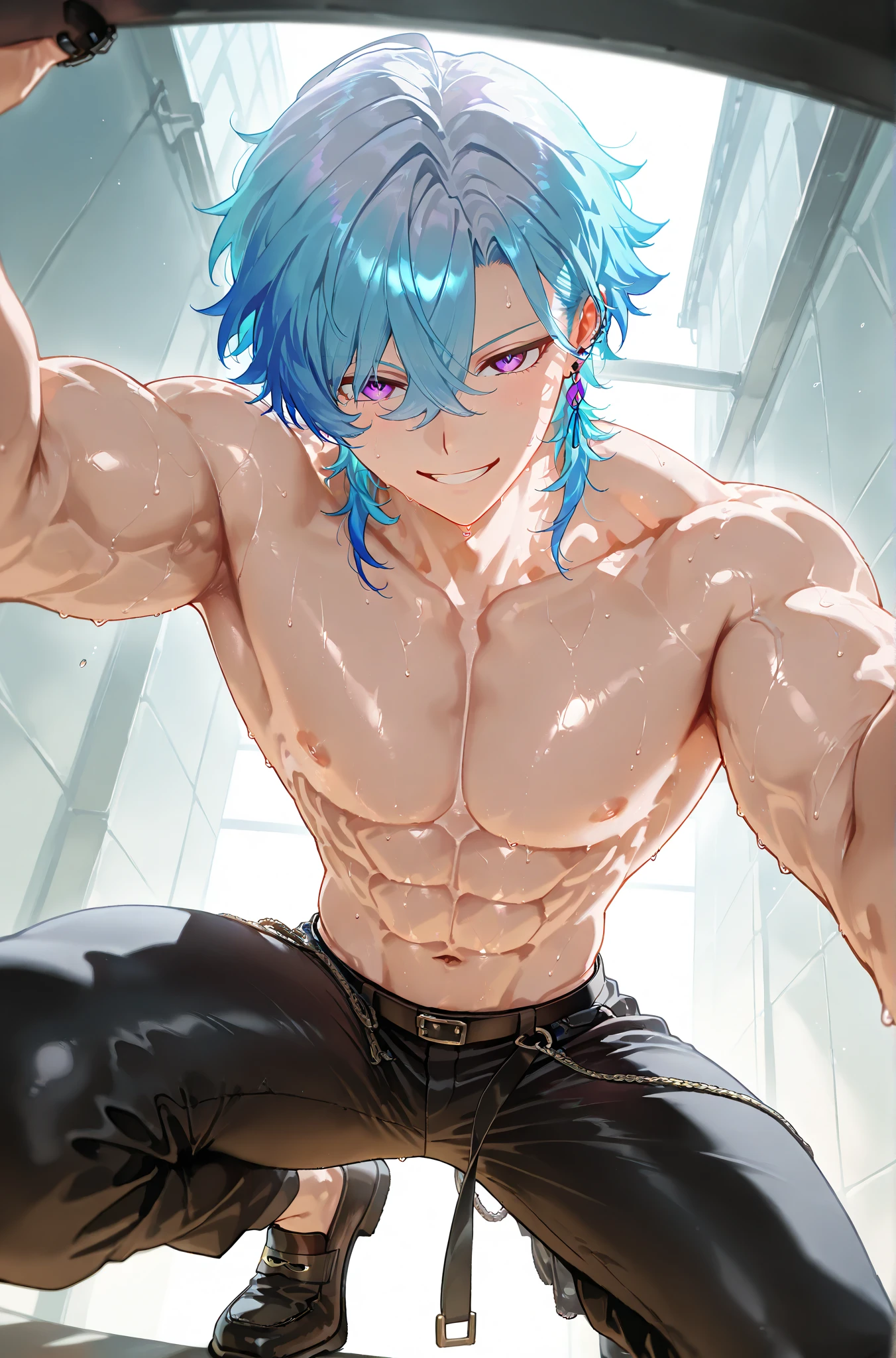 1boy, ((bara:1.5)), sport body, detailed face, detailed hands, detailed legs, detailed fingers, detailed hair, detailed eyes, detailed skin, dynamic lighting, (detailed lighting:1.2), (detailed textures:1.3), (realistic lighting:1.2), realistic shadows, realistic skin, (photorealistic:1.4), 8k uhd, (hyper realistic), (photo realistic), (masterpiece), (best quality), small thong, bare chest, flat chest, bare shoulders, bulge, underwater, wide angle, swimming, athletic body, male, iridescent skin, perfect eyes, messy green hair , bio-luminescent