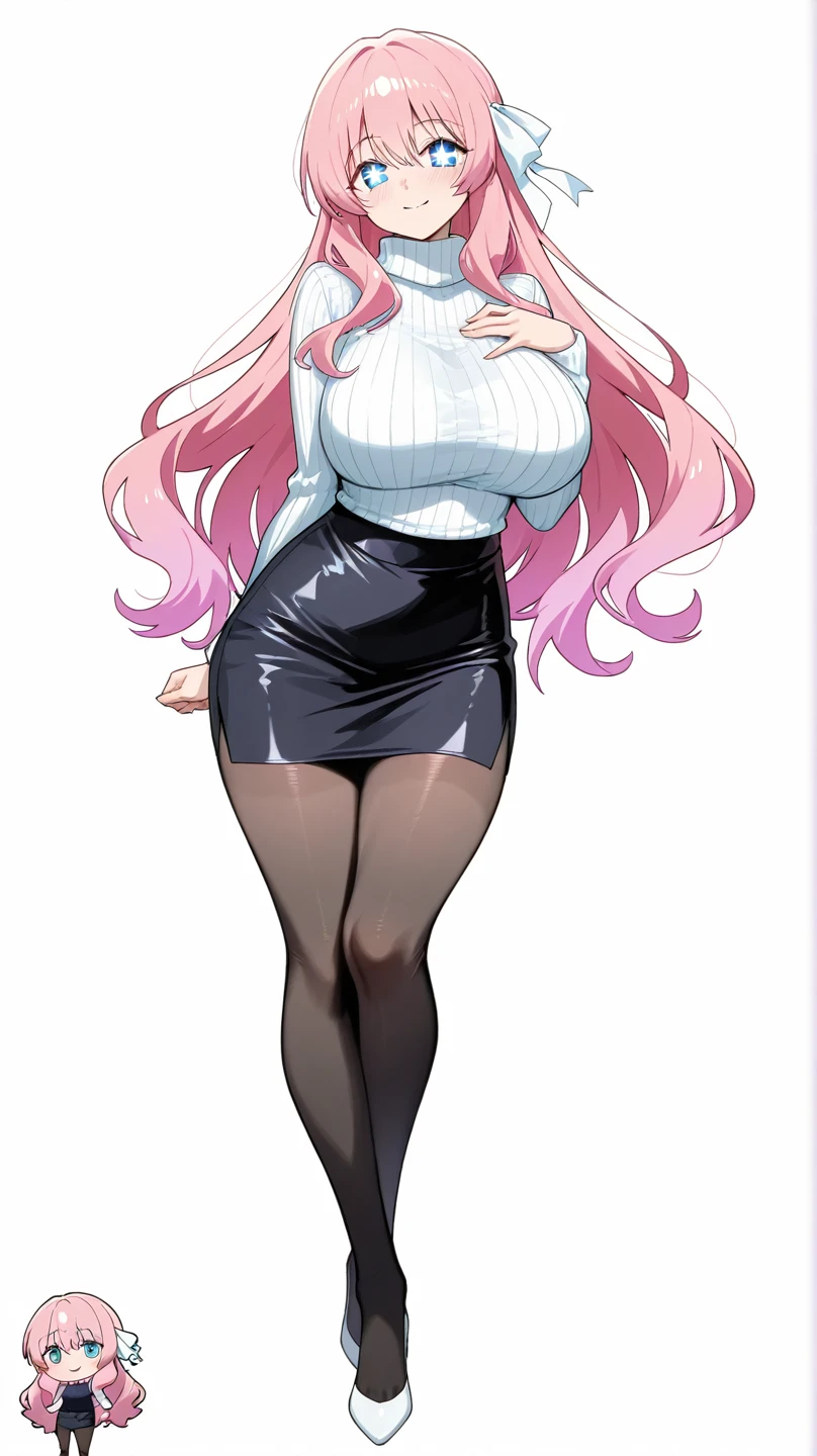 female, white long hair, red eyes, (((1girl))), (((black blouse))), (black choker), (white denim pants), (black belt), (black flats), huge breasts, huge butt, toned legs, gentle smile, full body, cleavage