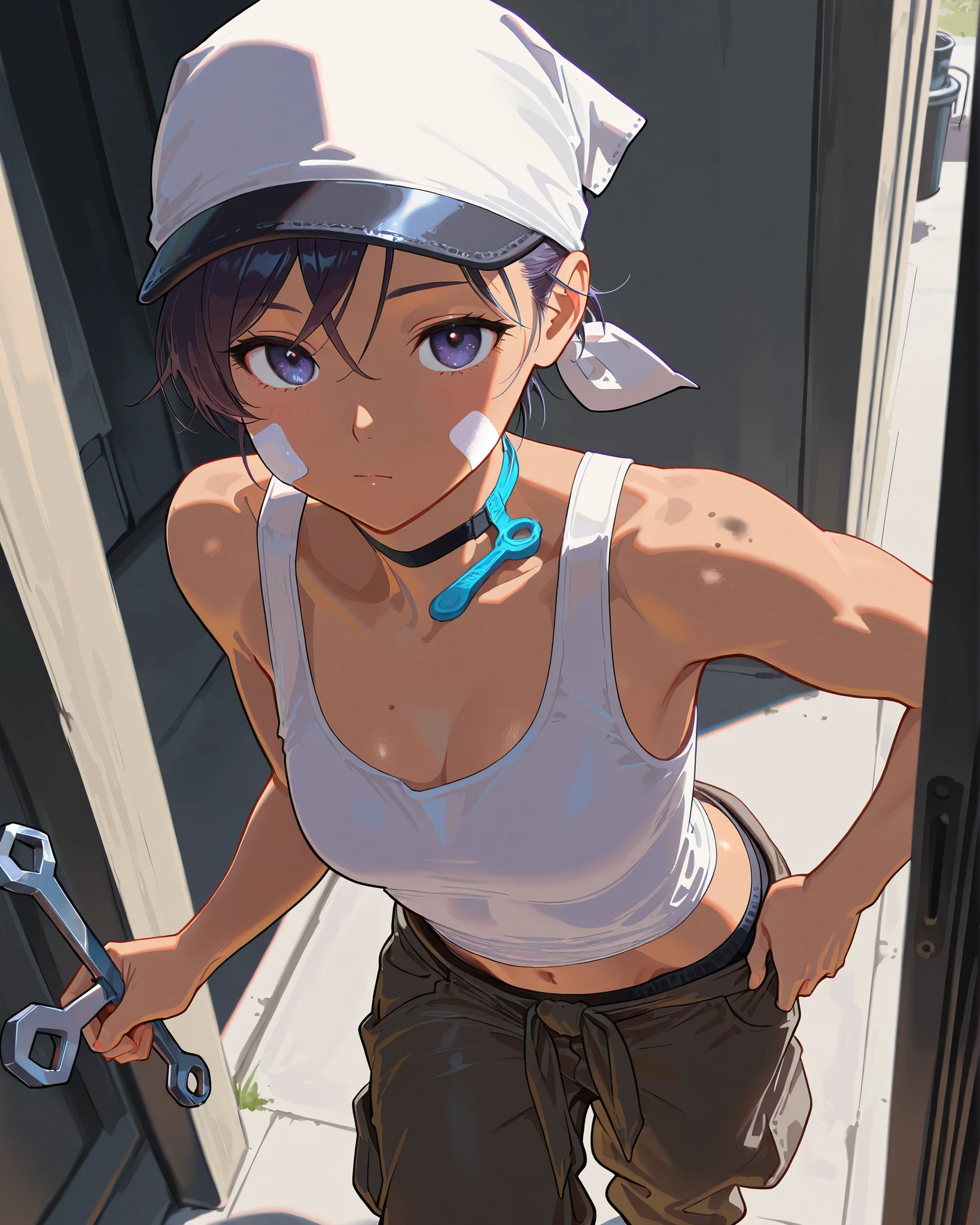 masterpiece,Best Quality,Super Detailed、High Definition、8k Quality、tank top,loose pants,Band-aid on the cheek、Feeling languid atmosphere、A toned body,Wrap a tenugui around your neck,have a tool dirty with soot、Mechanic、Maintenance officer、Hex wrench、from above