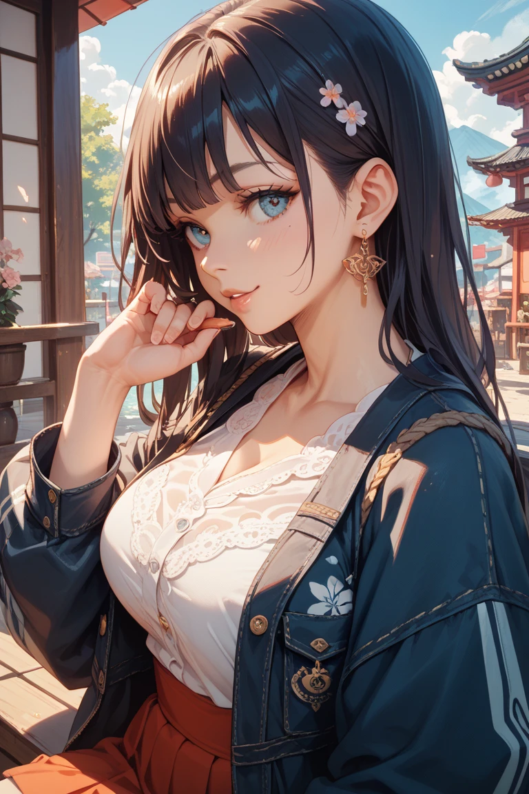 Kate Greenaway,  Jessie Willcox Smith, Heikala, Tokyo future scape, blue sky with some clouds, flying cars, floating gold fishes, Japanese high school girl, looking up at  rainbow, beautiful face dark hair, hyper detailed, high resolution, high definition, high quality, masterpiece, Japanese anime, manga lines, realistic, very huge tits, too big that  bursted, areola, deep cleavage, cinematic lighting shadow, bird’s eye view, close up tits and face only