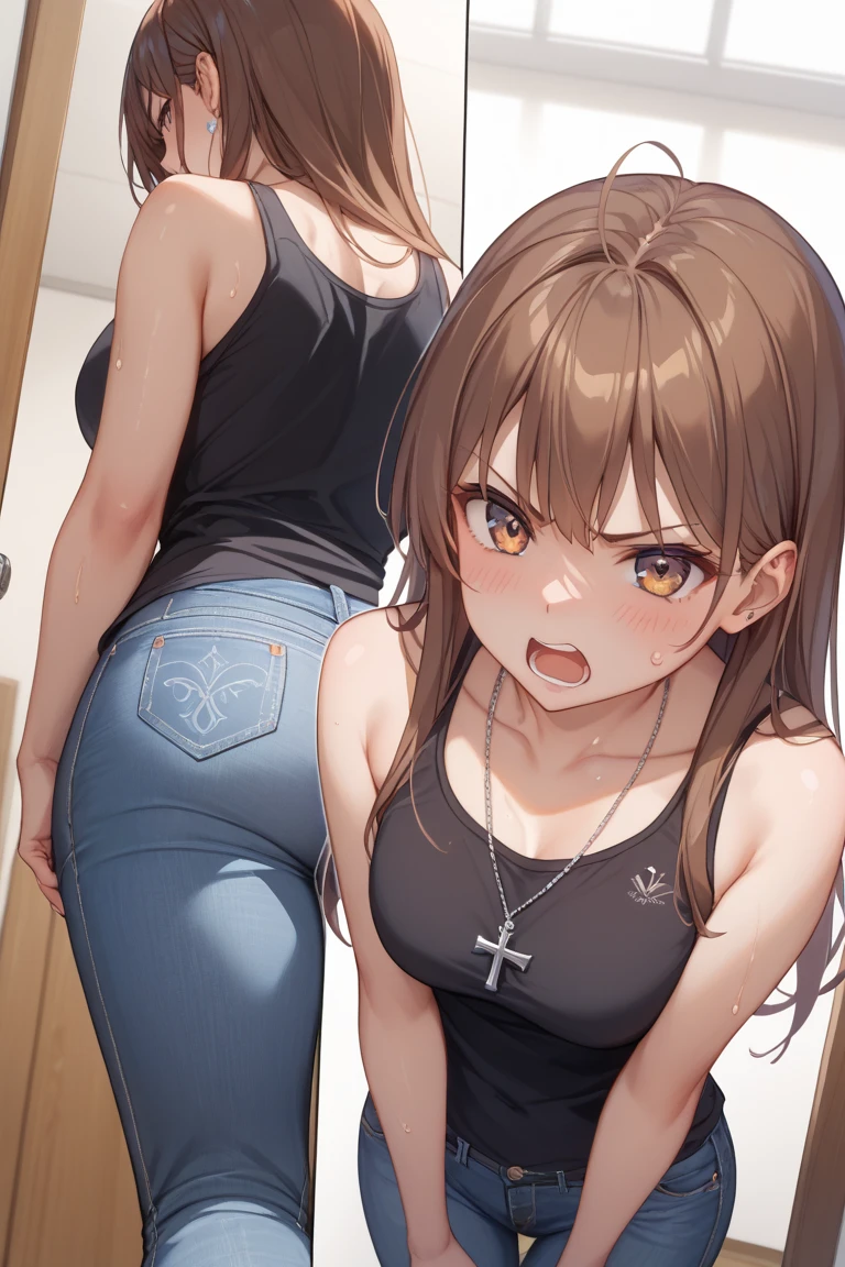 1man,1female,digital art,seductive curvy gyaru squatting,man standing,huge breasts,sucking man's penis hardly,blowjob,short pants,crop top printed black shirt,at bathroom stall,hands on man,saliva,