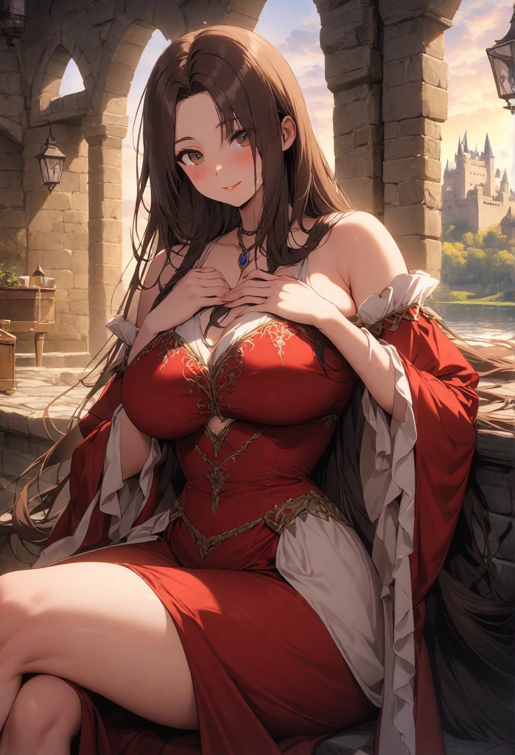 top-quality、extremely delicate and beautiful、Soio、Soio、Elven Woman、A dark-haired、Early 20s、((Brown skin))、red eyes、red hairband、Nice Buddy、Beautiful breasts、(((Purple clothes)))、The chest is visible、Valley、is standing