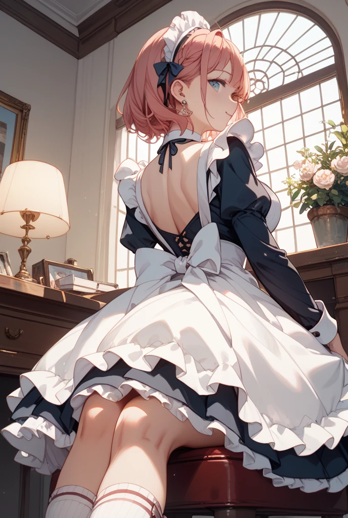 ((masterpiece)), ((best quality)), (anime), ((ultra-detailed)), ((detailed face)), (cinematic lighting), (illustration), (beautiful detailed eyes), (1girl), full body, looking at viewer, depth of field, short pink hair, green eyes, black maid uniform, medium breasts, black stockings, cat eyes