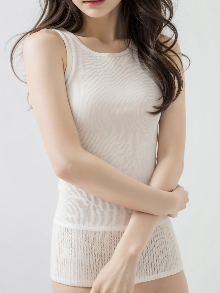 (shoulder-length straight bob hair:1),（Extremely meticulous CG),(((8k))),wallpaper,(Extremely refined and beautiful),(Masterpiece:2.0），（best qualtiy:2.0），（Ultra High Resolution:2.0),beautiful light up，Perfect lightning,realistic shaded，[A high resolution],(Smooth and flawless fair skin:1.5),Extremely exquisite facial details,ultra - detailed,A  girl,solo,small head,small face,clear face,Exquisite makeup,red lips,Close Shot,at home,(in the clothing room:1.2),(Standing next to a wardrobe:1.3),(many women's clothing hanging in the wardrobe:1.3),(laughing:1.2),(perfect body:1.1),small breasts,flat chest,slim,thin,(white tank top and white leggings:1.5),cowboy shot,portrait,from back,day scene,dim light,blue green wall
