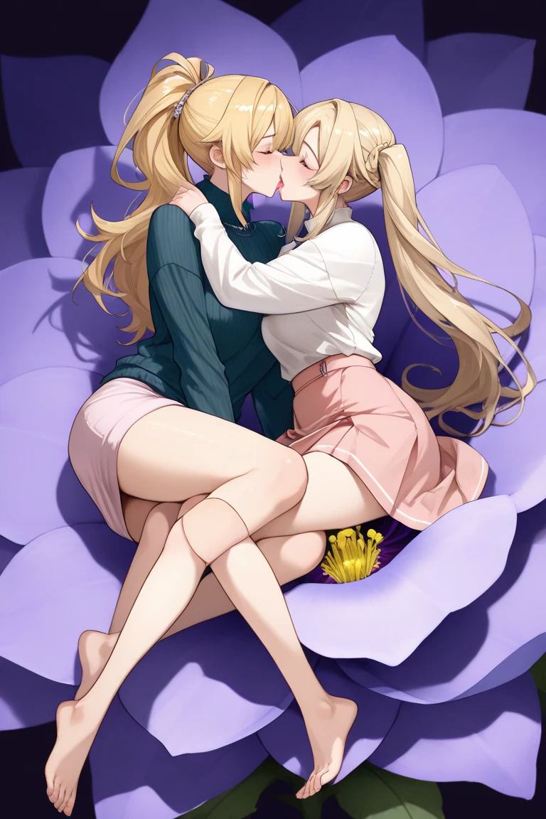2girls, kiss,hug,masterpiece, best quality,nsfw, highres, cowboy shot sumire1, hairband, long hair, dress ,clothing ,strawberry dress, outdoors, sexy, sexy pose, sexual arousal,(lips:0.6), standing, red face,big breasts,thicc body, cleavage,ass holding, (thicc ass),ass