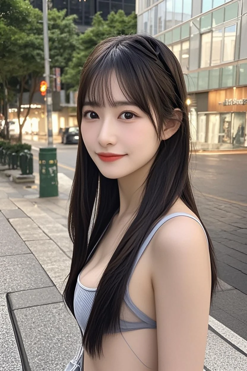 close-up of beautiful South Korean female, long hair, straight hair, flat bangs hair, 36 inch breasts size, wearing pink tight strapless tube top, wearing tight white short legging pants, in the Seoul city, night, seeing billboard is behind, Seoul city background, UHD