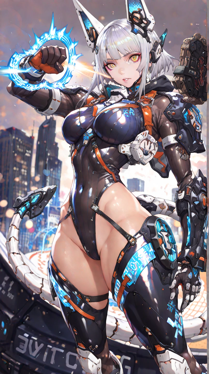 (masterpiece, best quality:1.2), Intricate detailing, ip2, full body, in the air, 1 girl, ((jacket)), ((jumping)), (sexy pose), Headgear, ((bare shoulders)), Twin tails, Elbow gloves, slight smile, mature woman, ((big boobs))