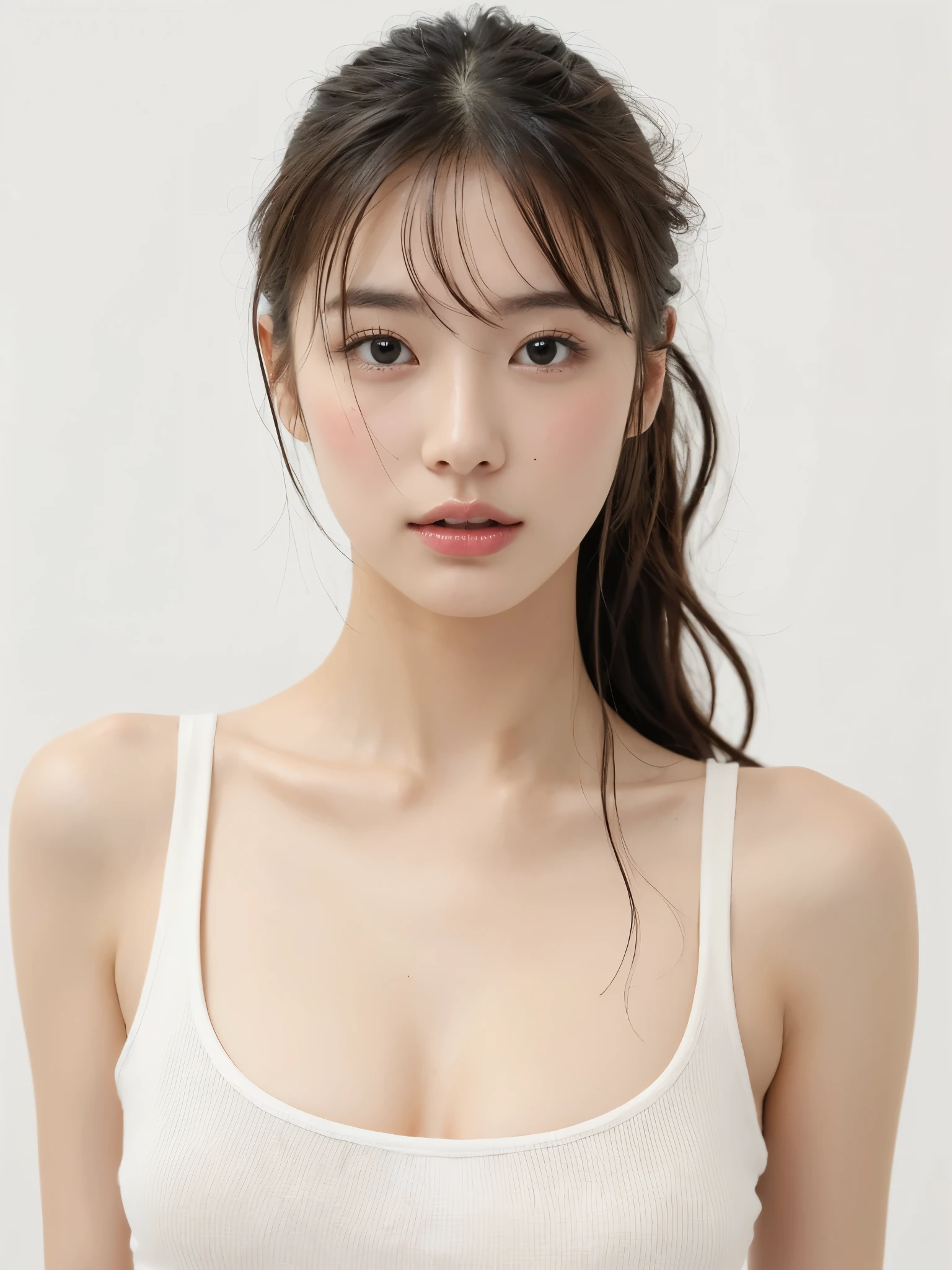 Highest quality, 8K, masterpiece :1.3)), whole body, Sharp focus :1.2, Beautiful woman with perfect figure :1.4, Slim Abs :1.2, ((Dark brown hair, Big Breasts :1.2)), (masterpiece:1.3), (8K, Photorealistic, Raw photo, Best image quality: 1.4), Japanese schoolgirl、(Random Hairstyles:1.2)、Cleavage:1.2、Super detailed face、Attention to detail、double eyelid、Put your chest together、Sharp focus:1.2、Beautiful woman:1.4、Light brown hair、Highest quality、masterpiece、Ultra-high resolution、(Photorealistic:1.4)、Highly detailed and professionally lit smile、Loose, lightweight knitwear、Shoulder out、thin、Serious expression、Short-haired、Deadly position