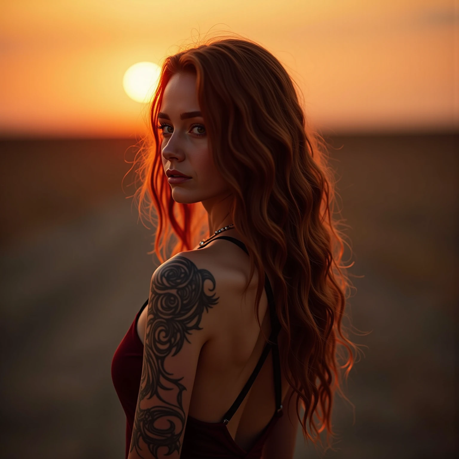 RAW,, Nikon Z 50mm, full body portrait, award-winning glamour photo, front-lit, JP-Katka2-2000, 18 years old, Nordic type, red wavy hair, green eyes, ((dark red lips, tattoos)), ((wearing a transparent and transparent colored summer dress)), small, shapely, beautiful body, swollen, erect, standing in the field with wildflowers, front wind, ((cumulus clouds and rgenbogen in the background)),   ((highly detailed skin, skin details)), sharp focus, volumetric mist, 8k UHD, DSLR, high quality, high resolution, detailed facial features, high details, sharp focus, smooth, aesthetic, extremely detailed, photo_\(ultra\), photorealistic, realistic, post-processing, maximum details, roughness, real life, ultrarealistic, photorealism, photography, 8k uhd, photography, light SEMI-SILHOUETTE, Russian face,
