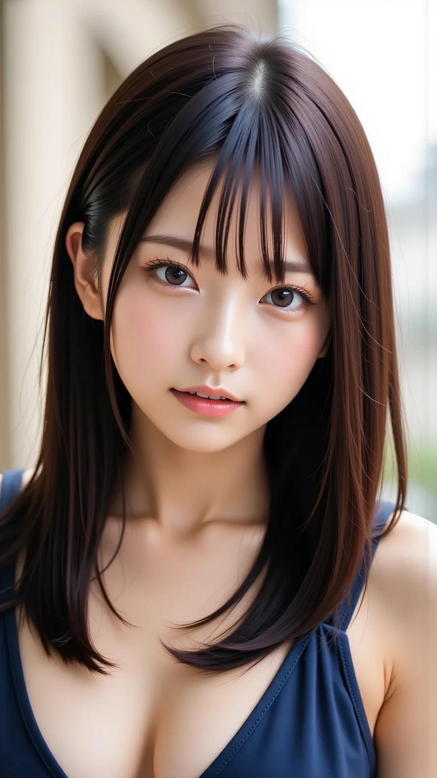 shiny hair, no makeup, masterpiece, Photorealistic, best quality, high resolution, shiny eyes,Separated eyebrow0.5, chuckle, Japanese idol, 