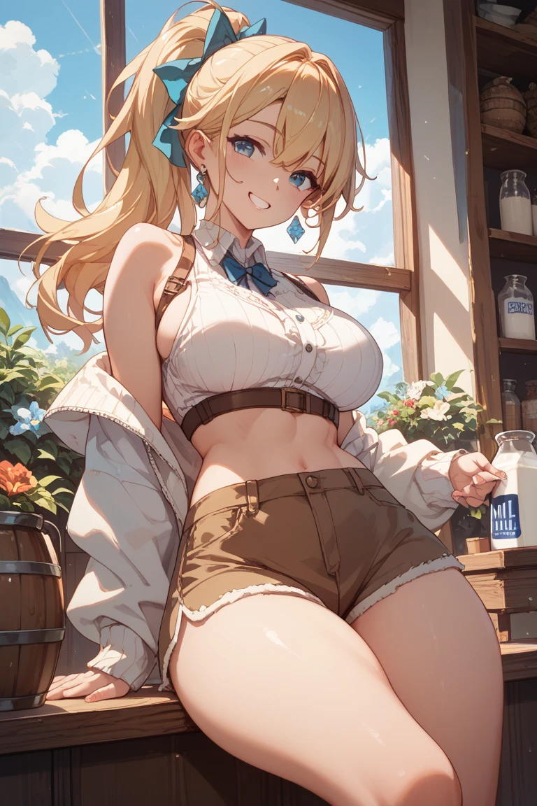 masterpiece、highest quality、Very detailed、An illustration、Beautiful fine details、One Girl、cute、Detailed landscape、Training Room Background:1.4、Platinum Blonde Hair、Braided Ponytail、Red camisole、((a cup breasts, Tank top showing underboob:1.3)),from below
