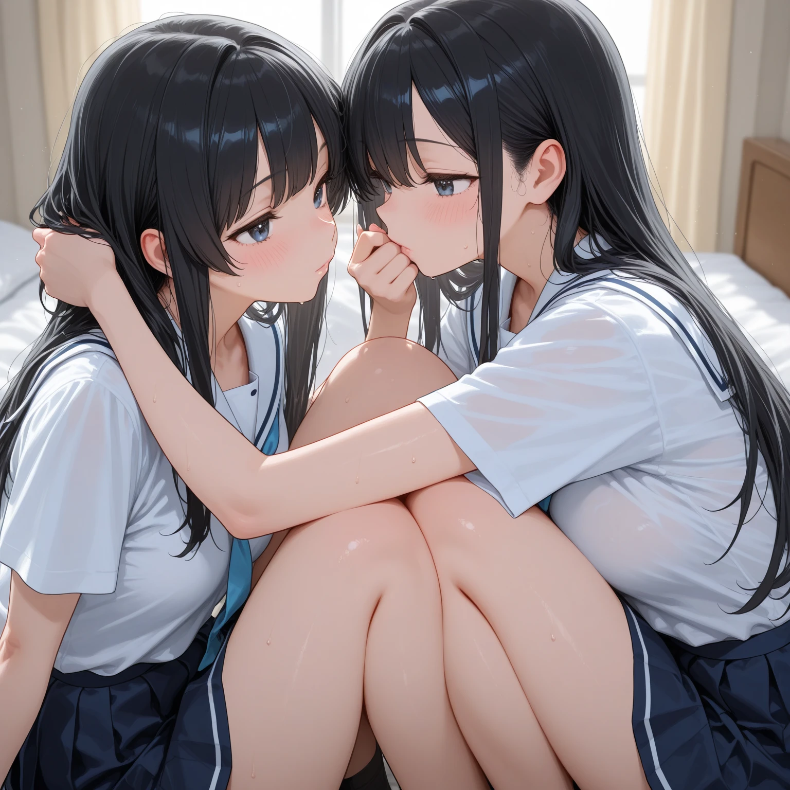 1girl,(loli:1.2),(small brests:1.2),(skinny:1.2),high school student,beautiful girl,(short ponytails:1.2),akb48,nogizaka46, bed,(fullnude:1.5),pussy,smile,open legs,pussy juice,vulgarity,(sweat:1.2),,1boy,penis on pussy,cum,(intercourse with a man:1.8),boy on top/missionary,(vaginal penis:1.5),