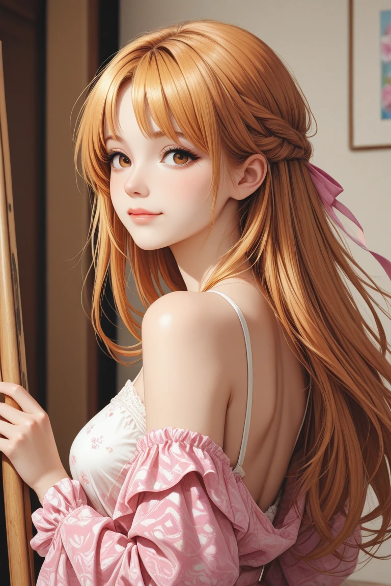 Illustration, Anime Style, (Masterpiece, Top Quality, Ultra Detailed, High Definition), Perfect Face, Beautiful Eyes, Smile, Side Light, Shiny Skin, (Bloom), (Shine), Lighting, Ray Tracing, 1girl, Solo, Blonde and Black Hair Mixed, Black Moisturized Eyes, Summer Short Sleeves, Hair Bow, Pink Skirt, Bow, Pink Bow, Lips, Upper Body, Curly Hair, Chest, Parted Lips, Jewelry, depth_ of_field, Very detailed background, Very detailed background, Masterpiece, Super detail, Great composition,Dynamic Angle,[Bottle Bottom],(Wide Shot), Very Delicate and Beautiful,(Best Quality), (Master Work), Depth of Field, Solo, Extreme Light and Shadow, Masterpiece, Detailed, (Fine Features), (Best Quality), (Masterpiece), (Detail), (Beautiful) Detail,Beautiful Detail Eye,(Straight On), Upper Body,(Very Detail CG Unity 8k wallpaper),(Masterpiece), (Best Quality), (Super Detail), (Best Illustration)(Best Shadow),Perfect Lighting,Perfect Anatomy