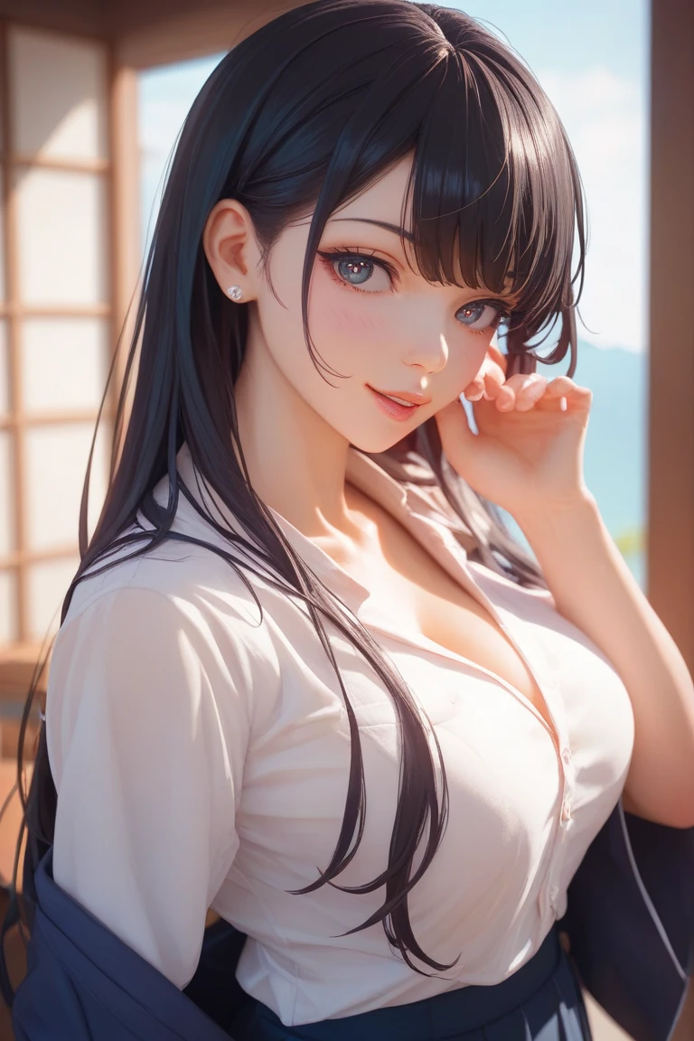 Shiny skin:1.5,masterpiece, Highest quality, Beautiful woman, Expressionless, Beach, bangs、sexyな女性、Perfect body、Perfect Face、Beauty、Realistic、ponytail, bikini, White jacket, Big Breasts:1.2, sexy,Upper Body