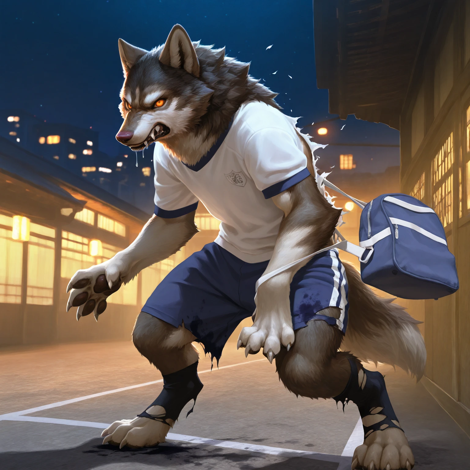 best quality,masterpiece((realistic)),Furry,Kemono,(realistic brown wolf),(boy),transformation,torn clothing,(Japanese gym uniform),ripped gym shorts,((Japanese junior high school)),(sportsbag),(torn socks),((realistic wolf tail)),black hair,solo,(long nose),Bare fangs,Japanese,paw pads,Drooling,standing,stain in shorts,((serious face)),((beast legs)),wild,instinct,beast pose,(orange eyes),full body,thick legs,(((night,at the Japanese city)))
