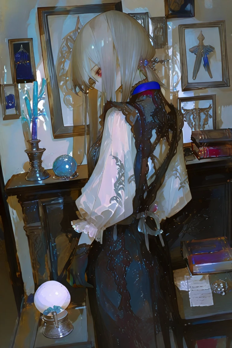 Long white hair，blueneyes，Bear ears，black cloaths