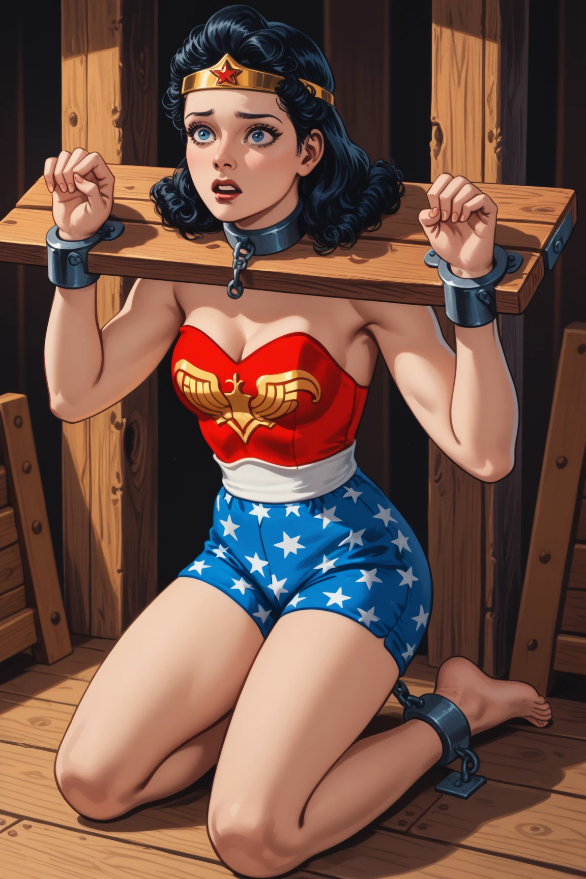 dianaprince, diana prince, blue eyes, black hair, 1 girl, jewelry, star \(symbol\), star print, superhero, An expression of shame on his face, confusion, Desperation on the face, Knees clenched together, Tense posture, bites his lower lip, anatomically correct, Realistic, side-view,(((barefoot, 5 toes, black toe nails, Focus full body, tied ankles together, tied arms Sit on a chair))),and